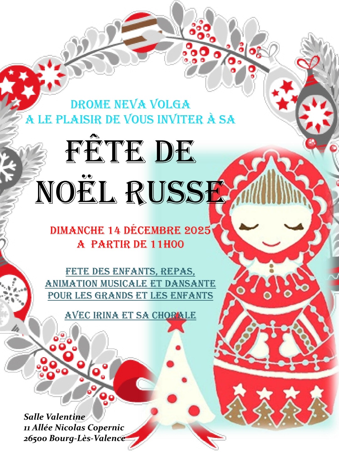 Affiche. Domaine La Valentine, Bourg-lès-Valence. Drôme Néva Volga présente sa Fête de « Noël russe » avec Irina et sa chorale. 2025-12-14